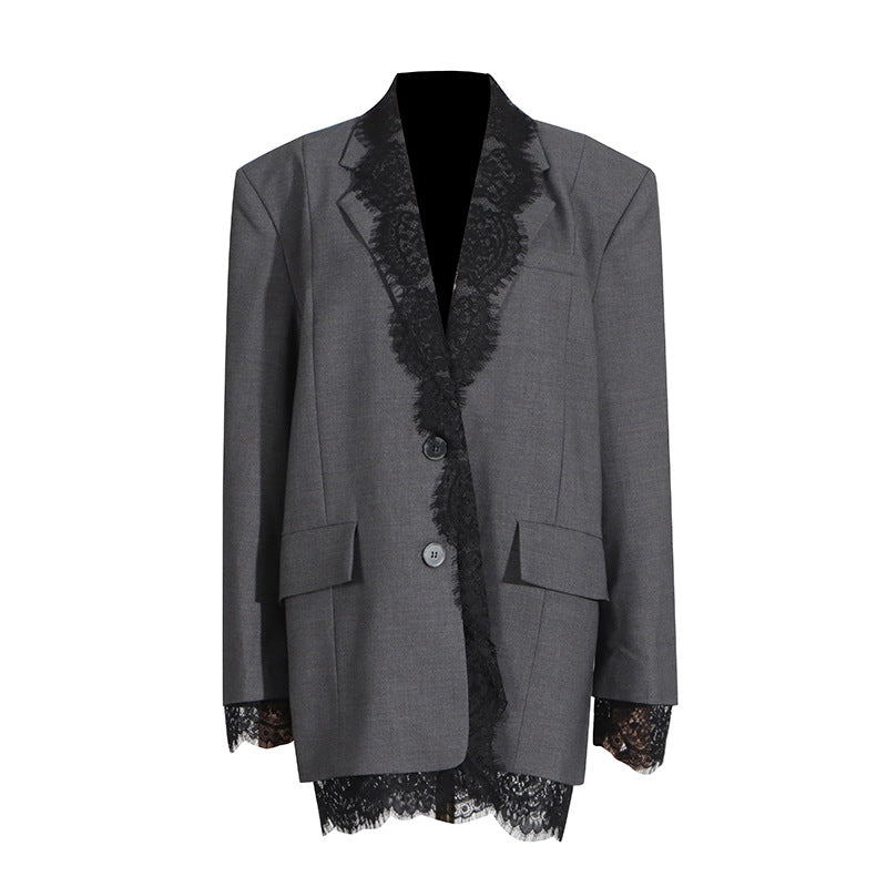 Lace-Panel Design Statement Long-Sleeve Structured Blazer For Women